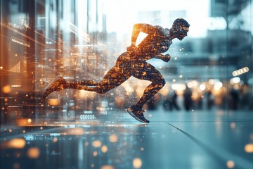 Runner in motion surrounded by digital cityscape reflecting vitality and energy in an urban environment