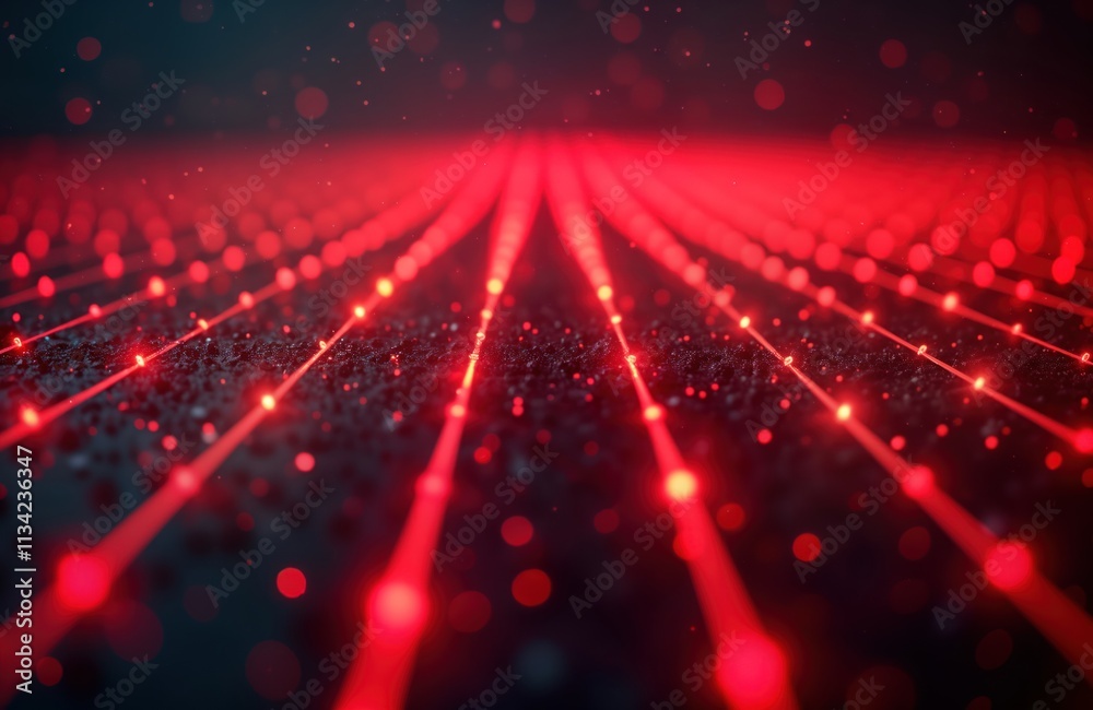 Poster Dynamic red light grid shows future tech. Energy flows. Futuristic design. Illustration shows tech connections. Abstract concept. Modern tech. Network. Future vision.