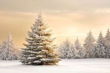 Obraz premium Serene Winter Landscape Featuring Snow-Covered Evergreen Trees Against a Golden Sunrise Sky in a Peaceful Setting