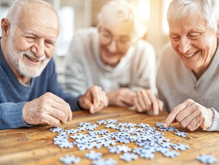 Three seniors joyfully assembling a puzzle together at a cozy table.