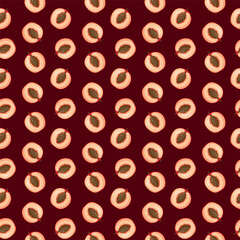 Peach flat seamless pattern on red background. Wrapping paper, gift card, poster, banner design. Home decor, modern textile print. Summer bright geometric fruits patterned.