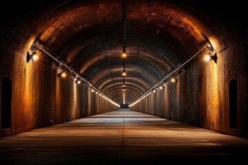 Long illuminated tunnel with arched brick walls and soft lighting creating a warm atmosphere at night