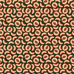 Peach flat seamless pattern on green background. Wrapping paper, gift card, poster, banner design. Home decor, modern textile print. Summer bright geometric fruits patterned.