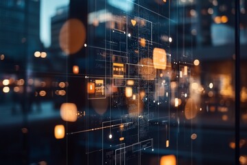 Modern cityscape with digital elements showcasing technology integration at twilight