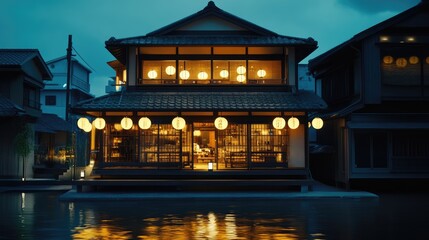 Traditional Japanese restaurant with lanterns at night. Travel and cuisine.