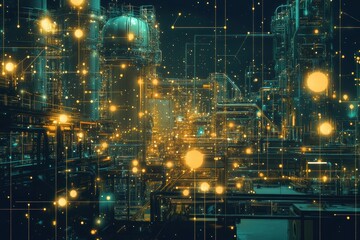 Fototapeta premium A heavily distorted industrial scene featuring interconnected machinery overlaid with glowing nanotechnology-inspired patterns and luminous nodes, generated using AI --chaos 7 --ar 3:2 --v 6.1 Job ID: