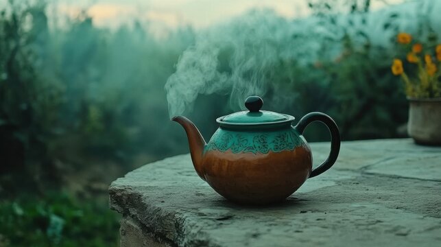 Brewing tradition steam rising from a teapot in a serene outdoor garden setting