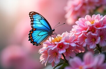 Beautiful butterfly with pink, blue wings rests on pink flower. Soft focus, vibrant colors create serene spring scene. Gentle light bathes flowers. Nature detail. Spring theme. Peaceful moment in