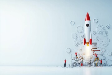 Innovative team launching a rocket through teamwork and engineering ideas in a modern workspace