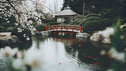 Serene Japanese Garden with Red Bridge and Blossoms