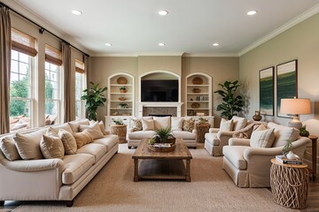 Stylish Beige Furnishings and Organic Accents in a Spacious Family Room Interior