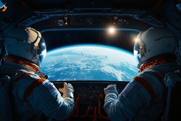 Two astronauts explore the Earth from the control panel of their spacecraft in low Earth orbit during a clear day