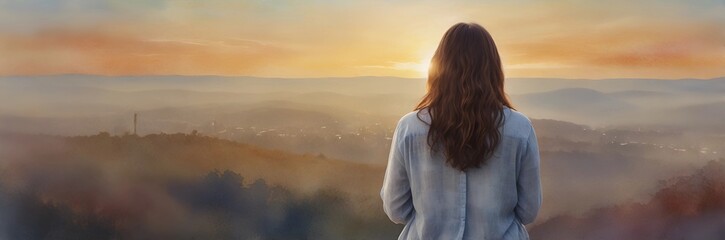 Woman meditation under the rising sun, water color painting