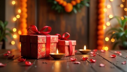 Diwali gift boxes with red ribbons on wooden table. Twinkling fairy lights, marigold garlands adorn doorway. Warm lighting, rose petals create festive ambiance. Beautiful gift wrapping signifies