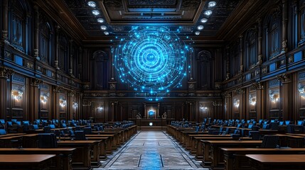 Futuristic holographic globe in a grand hall.