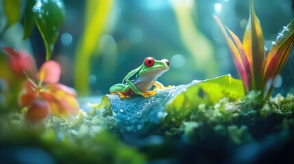 Vibrant Frog Resting on Leaf in Lush Tropical Environment
