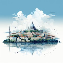 Obraz premium Serene Coastal Cityscape of Lisbon in Minimalistic Art Style