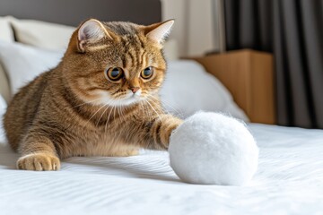 Fototapeta premium Playful Cat with a Soft Ball on a Cozy Bed Environment