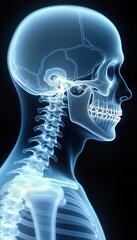 X-ray illustration shows human skeleton anatomy of skull, spine. Medical illustration displays bone structure. Image shows detail of head, neck, upper body. Visual aid for anatomy study. Helpful for