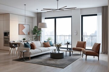Fototapeta premium Contemporary Apartment Interior Design Featuring Large Windows and Minimalist Aesthetics