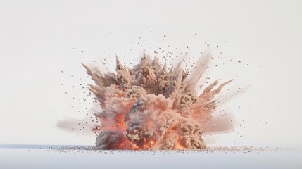 Sand flying, explosion on white background, creating a dynamic and intense scene. The swirling sand and the powerful burst of the explosion make for a visually striking and chaotic moment.