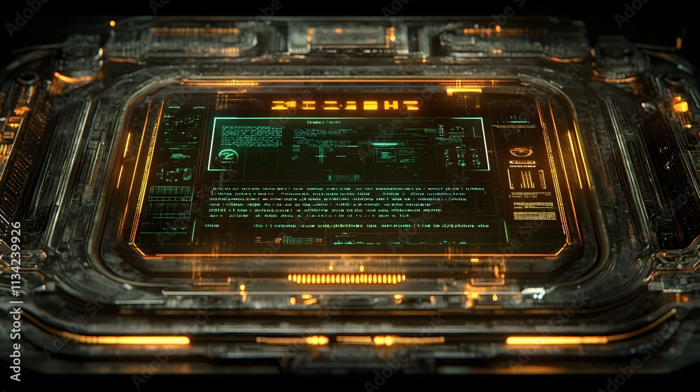 Poster futuristic interface screen displaying data on a dark metallic console.