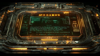Futuristic interface screen displaying data on a dark metallic console.