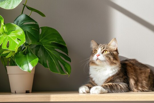 Cat Relaxing Near Bright Green Plant on Wooden Surface in Sunlight