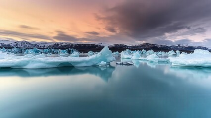 Serene Arctic Sunset: Captivating Icebergs Reflecting in Calm Waters, Perfect for Wall Art or Desktop Backgrounds