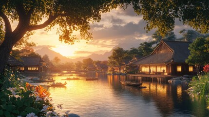 Fototapeta premium Traditional japanese village at sunset. 3d render illustration