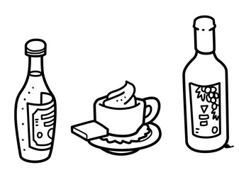 beer bottle, cup of tea sketch illustration