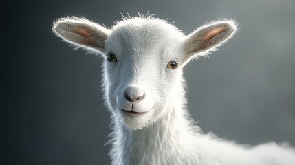 Obraz premium White horned goat grazing in the room on a dark background