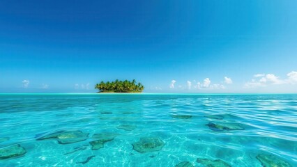 Fototapeta premium Escape to Paradise: Crystal Clear Waters and a Serene Tropical Island Under a Clear Blue Sky