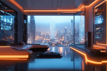 Futuristic Minimalist Living Room with Cyberpunk Cityscape