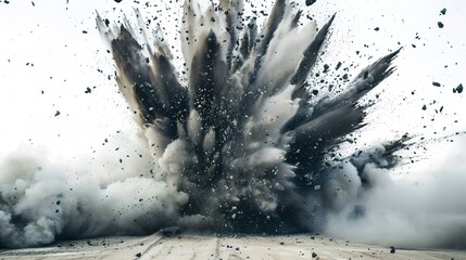 Sand flying, explosion on white background, creating a dynamic and intense scene. The swirling sand and the powerful burst of the explosion make for a visually striking and chaotic moment.