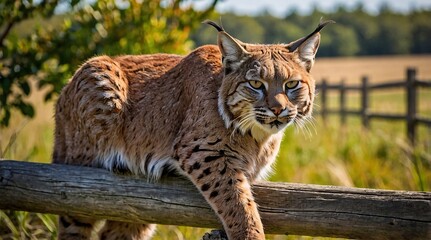 Fototapeta premium Relaxing in the sun, a red bobcat lounges comfortably on a wooden fence surrounded by greenery and open fields during a warm afternoon