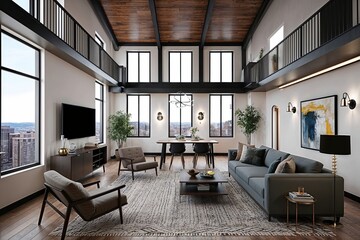 Fototapeta premium Modern Loft Design with High Ceilings and Trendy Furniture Layout