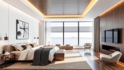 Fototapeta premium Elegant Modern Bedroom with Panoramic Ocean View, Perfect for Relaxation and Luxury Living