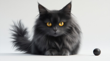 A photorealistic rendering of a sleek long-haired cat with a deep smoky-gray coat and luminous yellow eyes, crouched in an alert position on a pure white background. Every strand of fur is meticulousl