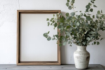 Fototapeta premium A white vase with green leaves in it sits on a table