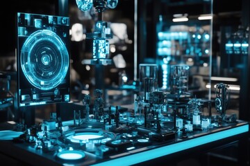 Obraz premium A sci-fi art gallery in a modern home, with glowing sculptures, holographic paintings, and floating platforms, the urban cityscape outside softly blurred in the background. Futuristic home art space