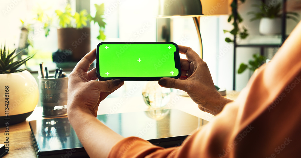 Poster phone, green screen and hands of person in home office with tracking marker, ux design or web search