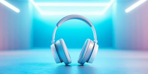 smooth and stylish 3D depiction of metallic headphones in vibrant setting. design showcases modern...