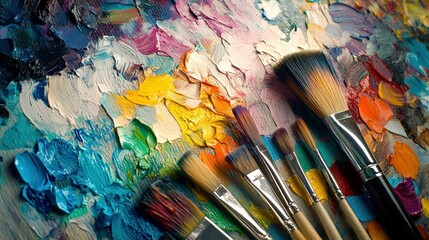 Fototapeta premium A vibrant palette of colors with paintbrushes, showcasing artistic creativity.