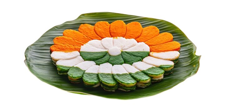 A colorful cake arranged in the shape of a flower with Indian flag colors.