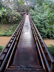 Metal Bridge Amidst Lush Greenery Spanning Over Calm Stream View