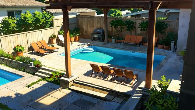 Video footage of well maintained backyard with a swimming pool, lounge chairs, a pergola, and a barbecue area, ideal for relaxation and outdoor activities