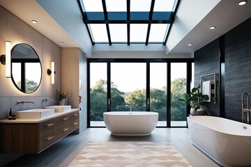 Fototapeta premium Stylish Bathroom Design Featuring Large Skylights and Modern Atmosphere