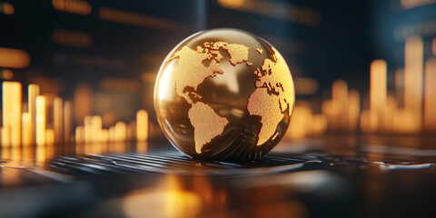 golden globe representing world, symbolizing economic growth and prosperity, set against backdrop of digital data and financial charts