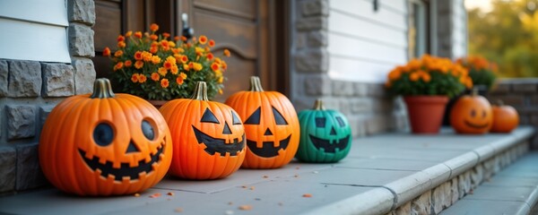 Colorful Halloween pumpkins decorated with painted faces sit on porch. Placed strategically near potted flowers. Pumpkins ready for spooky autumnal celebration. Porch looks inviting, festive. Image